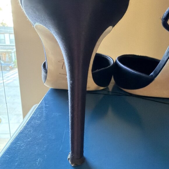 Giuseppe Zanotti Sling Back Heels Evening Navy Satin With Crystals - Picture 6 of 10